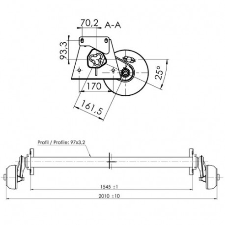 Essieu freiné AL-KO 1300kg EAB 1545 Voie 2010mm 5x112